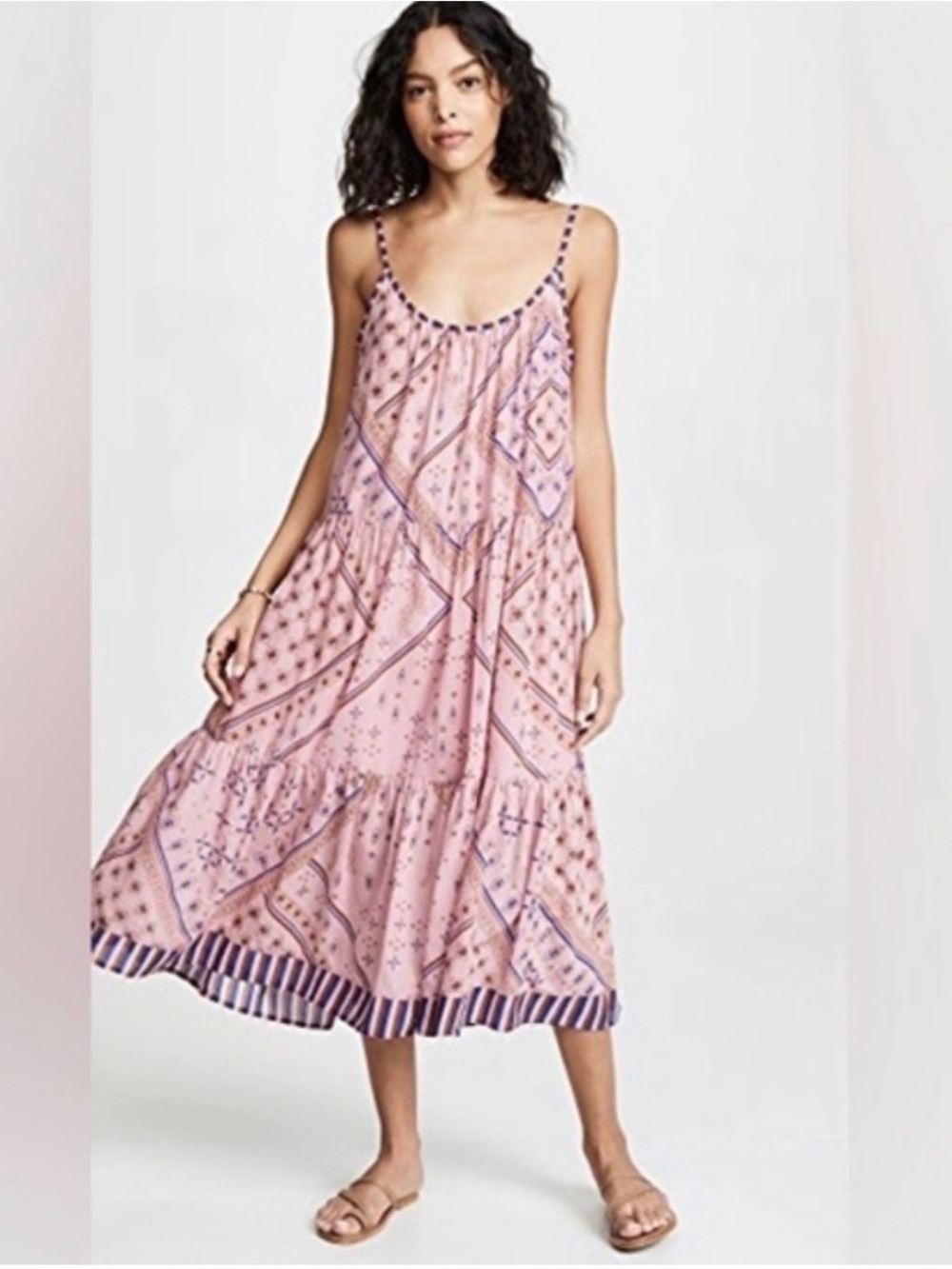 XiRENA Pink Printed Tiered Maxi Dress with Purple Accents